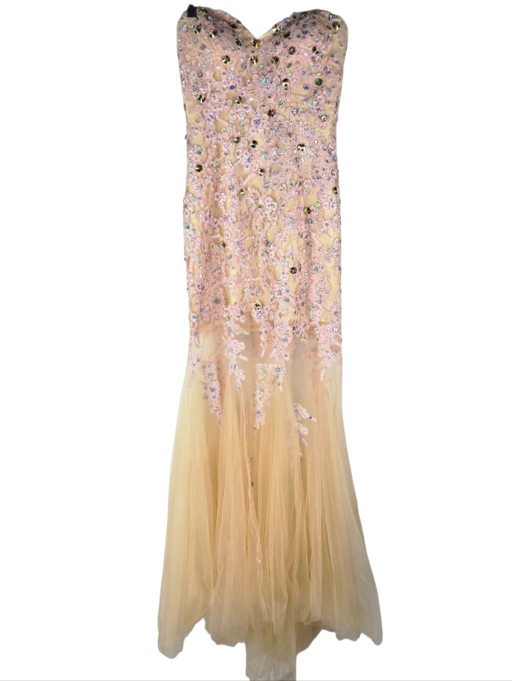 Panolpy Y2k Mermaid Womens Size 2 Prom Lace Nude Rhinestone Sheer Dress